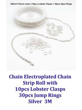 Electroplated Chain Roll w/ 10pcs Lobster Clasps 30pcs Jump Rings 3m Silver